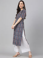 Janasya Women's Navy Blue Cotton Geometric Printed Casual Straight Kurta | Grocsy