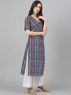 Janasya Women's Navy Blue Cotton Geometric Printed Casual Straight Kurta | Grocsy