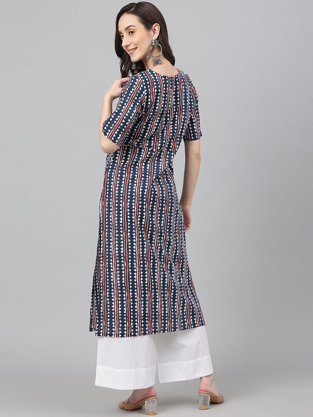Janasya Women's Navy Blue Cotton Geometric Printed Casual Straight Kurta | Grocsy