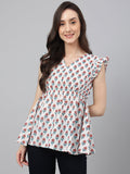 Janasya Women's White Cotton Floral Print Flared Top | Grocsy