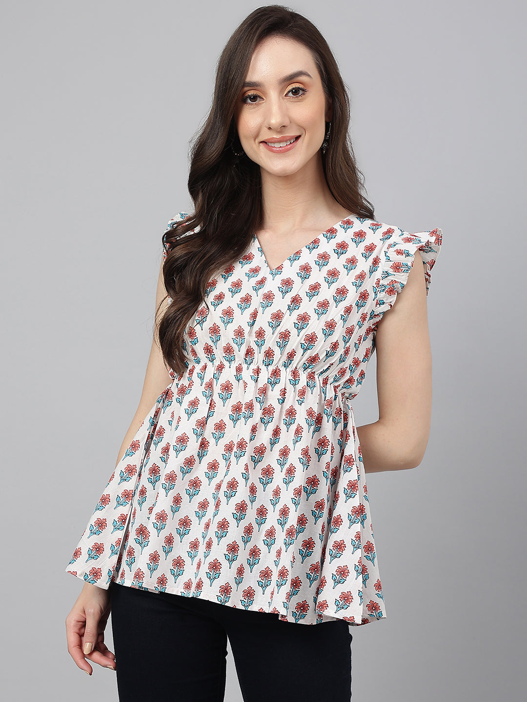 Janasya Women's White Cotton Floral Print Flared Top | Grocsy