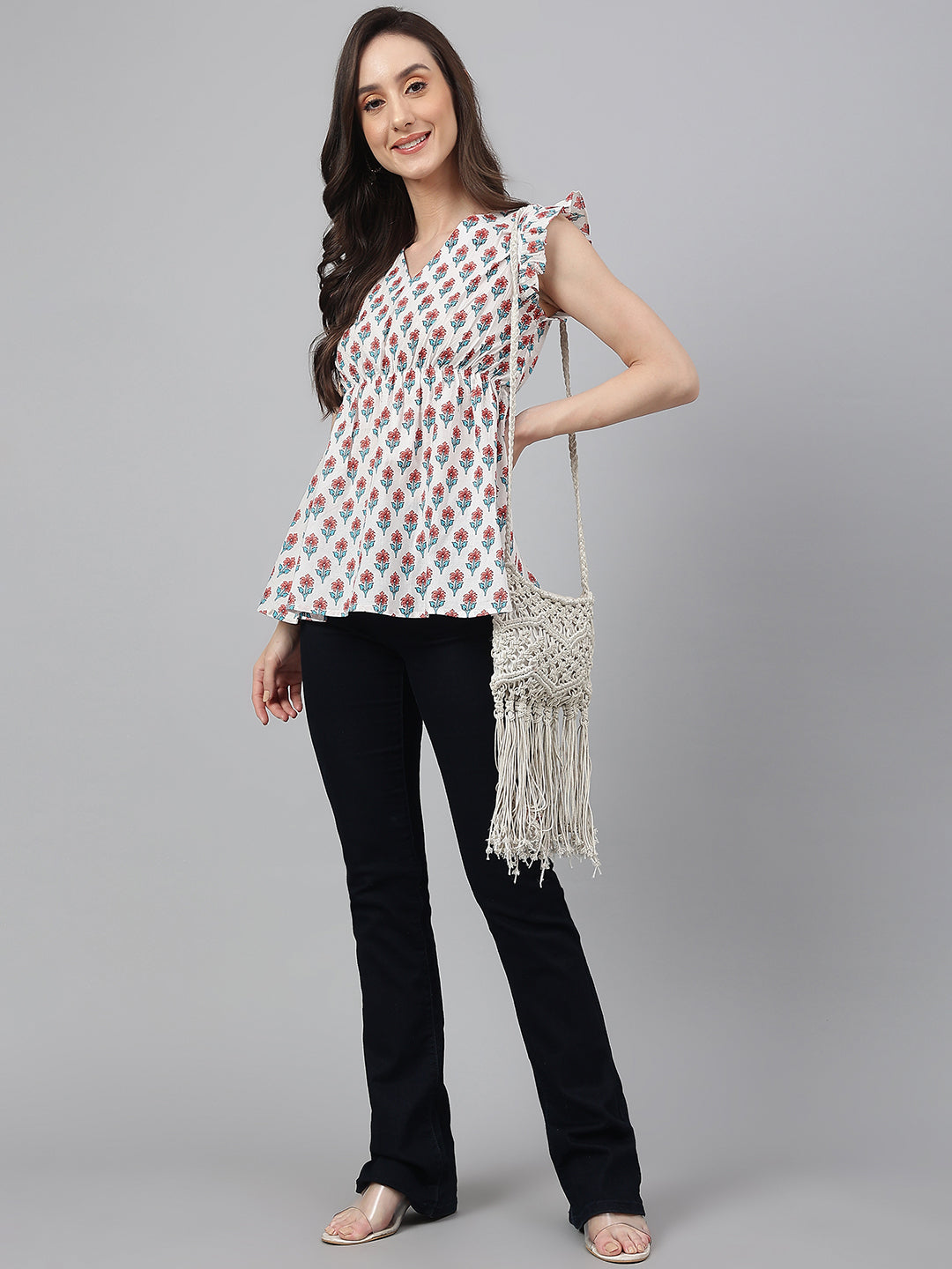 Janasya Women's White Cotton Floral Print Flared Top | Grocsy