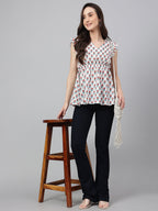 Janasya Women's White Cotton Floral Print Flared Top | Grocsy