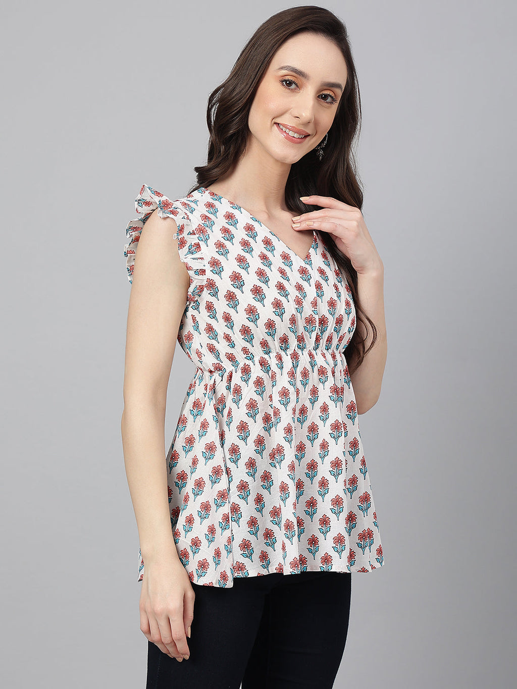Janasya Women's White Cotton Floral Print Flared Top | Grocsy
