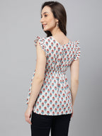 Janasya Women's White Cotton Floral Print Flared Top | Grocsy
