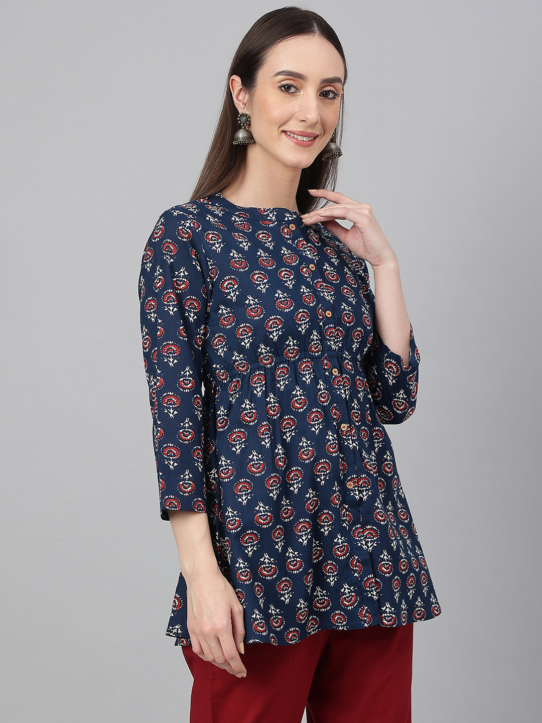 Janasya Women's Navy Blue Cotton Floral Print Peplum Top | Grocsy