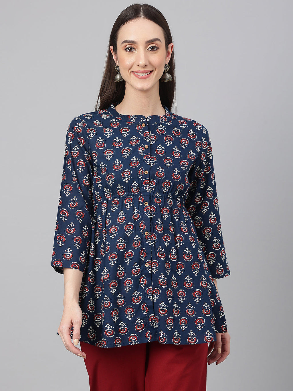 Janasya Women's Navy Blue Cotton Floral Print Peplum Top | Grocsy