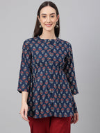 Janasya Women's Navy Blue Cotton Floral Print Peplum Top | Grocsy