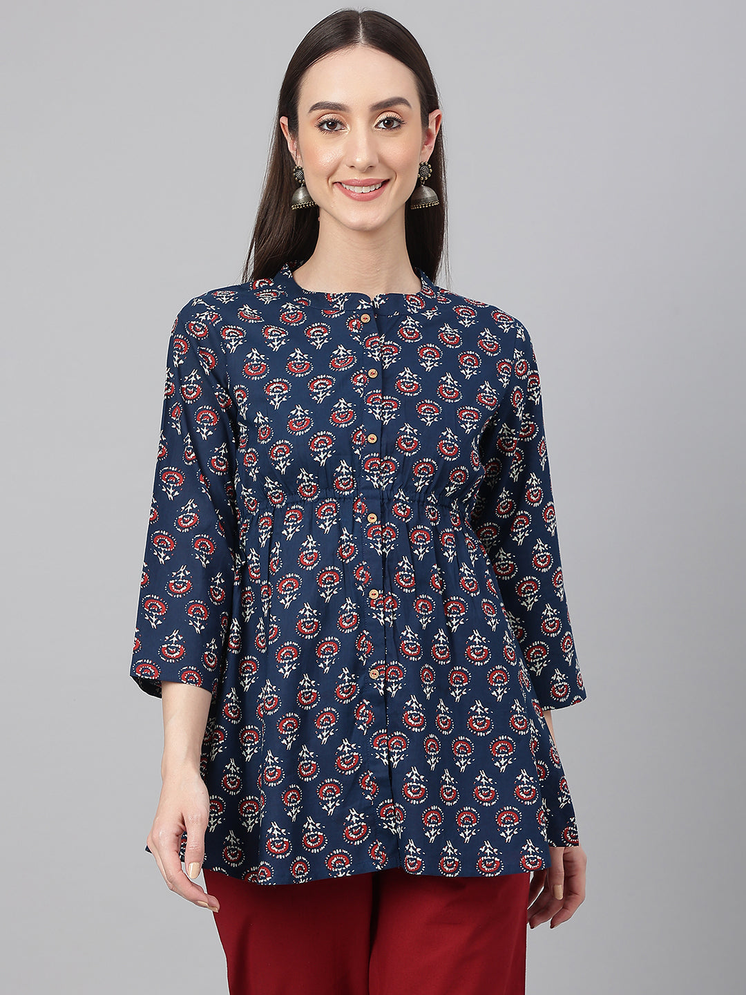 Janasya Women's Navy Blue Cotton Floral Print Peplum Top | Grocsy