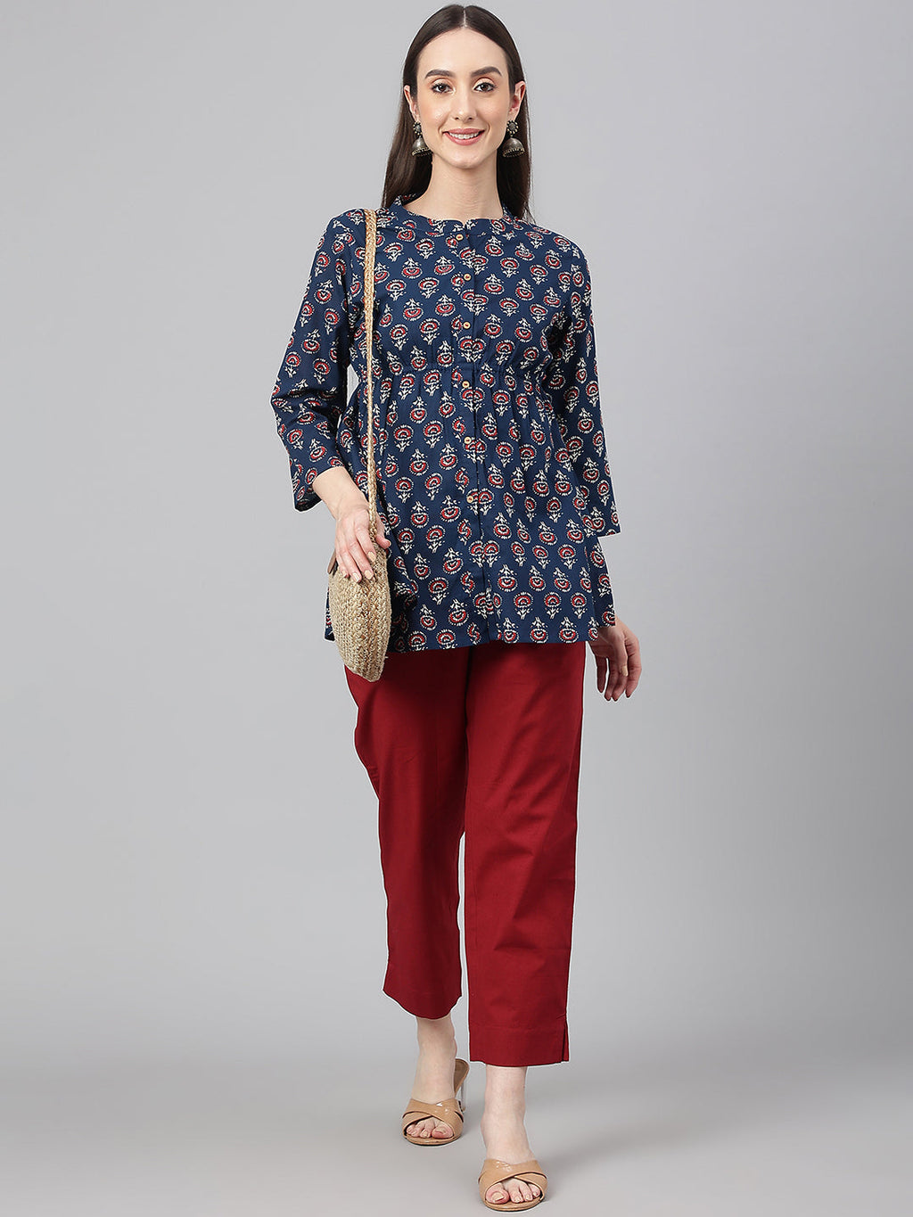 Janasya Women's Navy Blue Cotton Floral Print Peplum Top | Grocsy