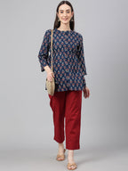 Janasya Women's Navy Blue Cotton Floral Print Peplum Top | Grocsy