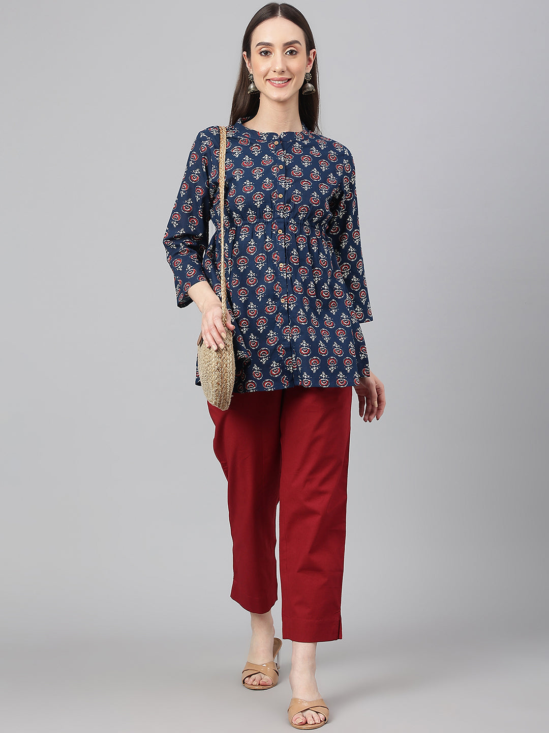 Janasya Women's Navy Blue Cotton Floral Print Peplum Top | Grocsy