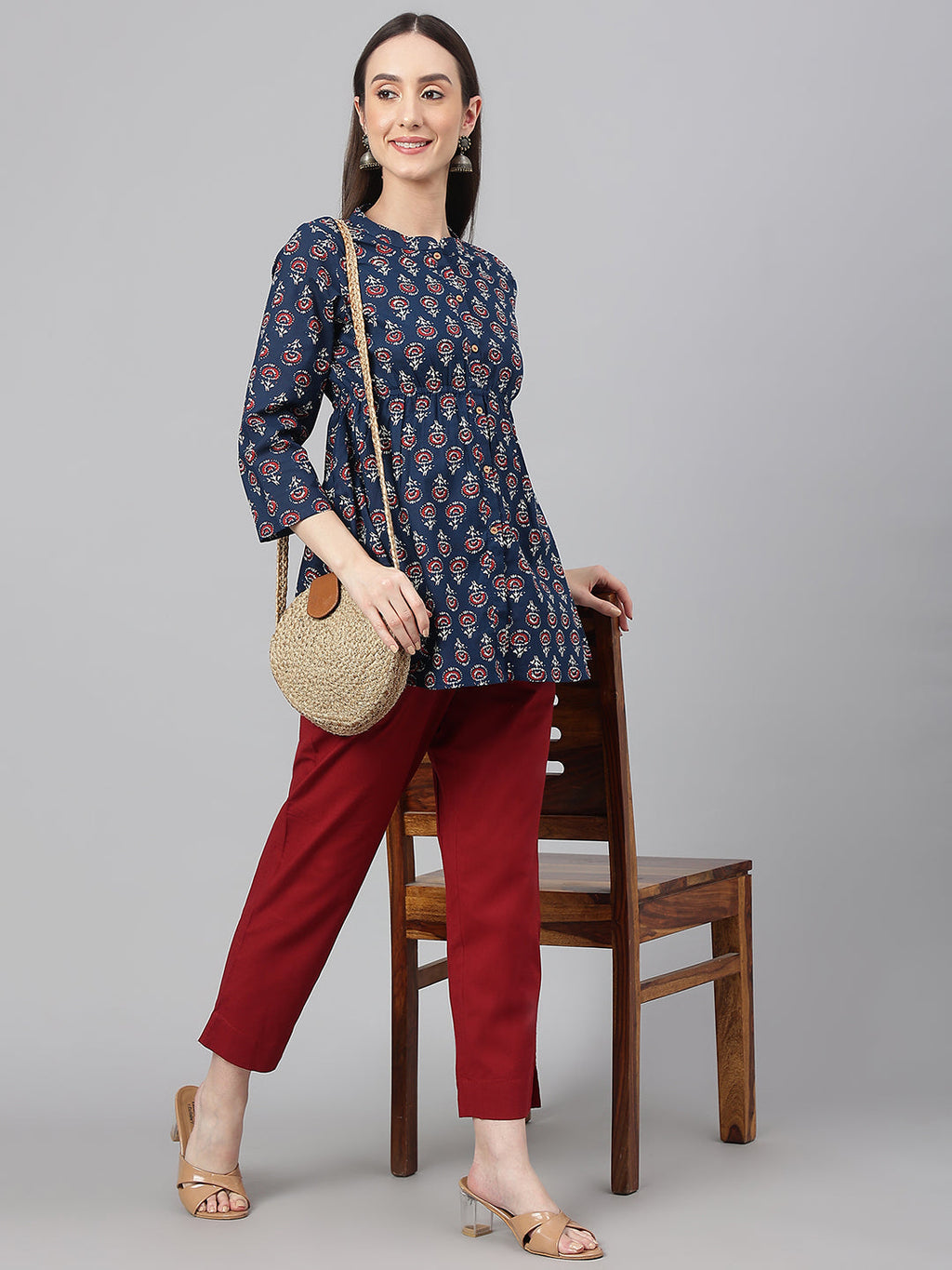 Janasya Women's Navy Blue Cotton Floral Print Peplum Top | Grocsy