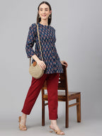 Janasya Women's Navy Blue Cotton Floral Print Peplum Top | Grocsy