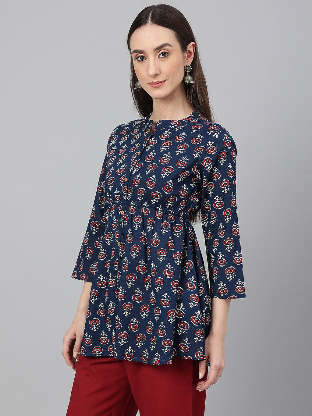 Janasya Women's Navy Blue Cotton Floral Print Peplum Top | Grocsy