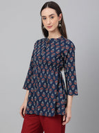 Janasya Women's Navy Blue Cotton Floral Print Peplum Top | Grocsy