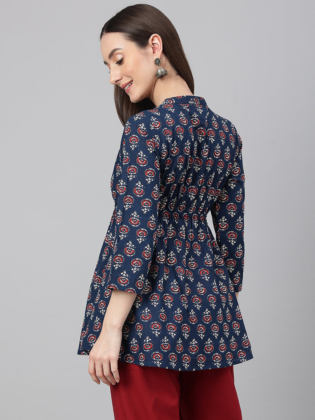 Janasya Women's Navy Blue Cotton Floral Print Peplum Top | Grocsy