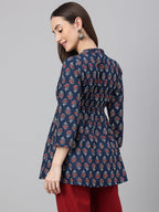 Janasya Women's Navy Blue Cotton Floral Print Peplum Top | Grocsy