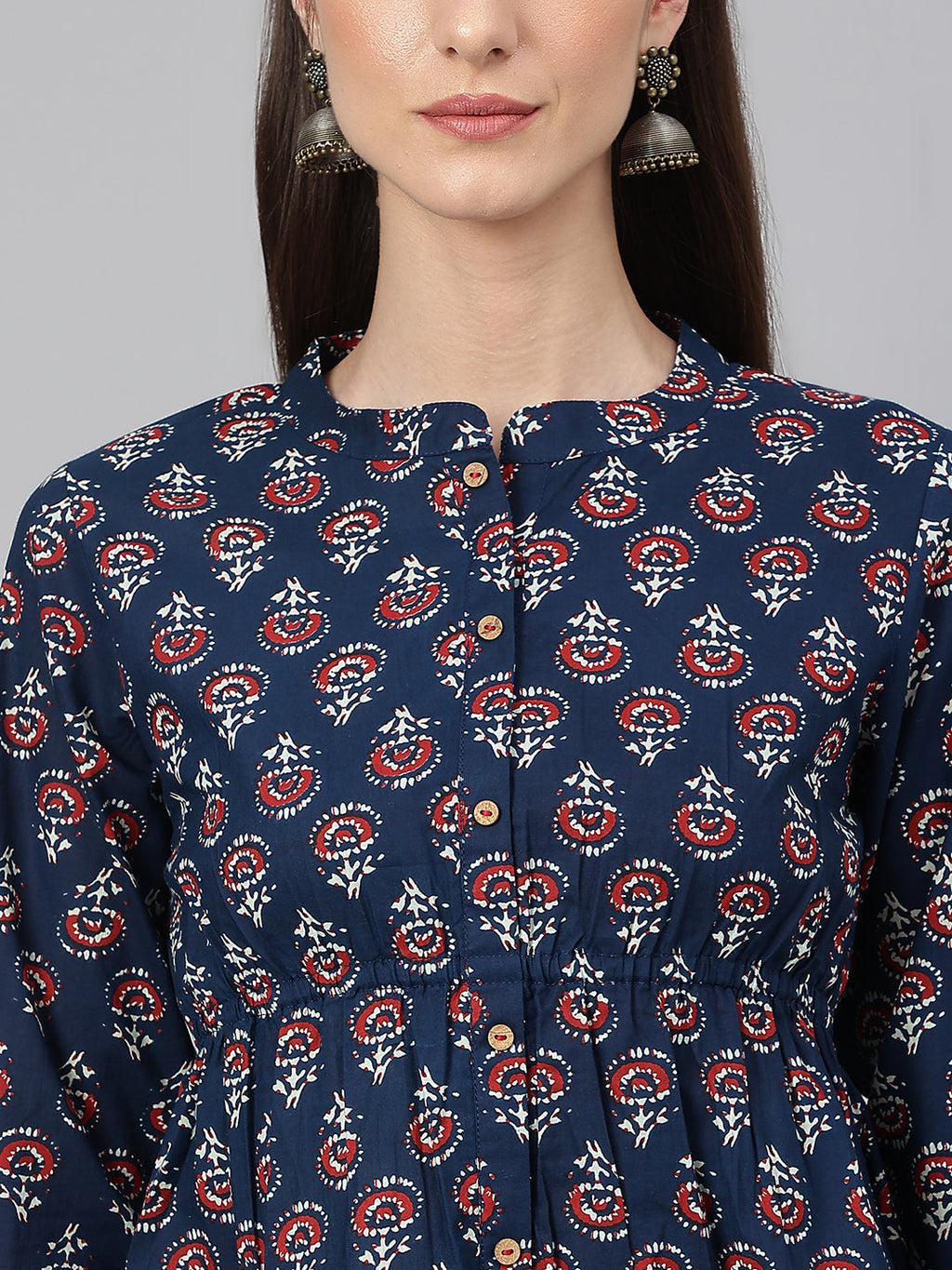 Janasya Women's Navy Blue Cotton Floral Print Peplum Top | Grocsy