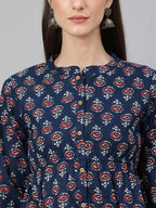 Janasya Women's Navy Blue Cotton Floral Print Peplum Top | Grocsy