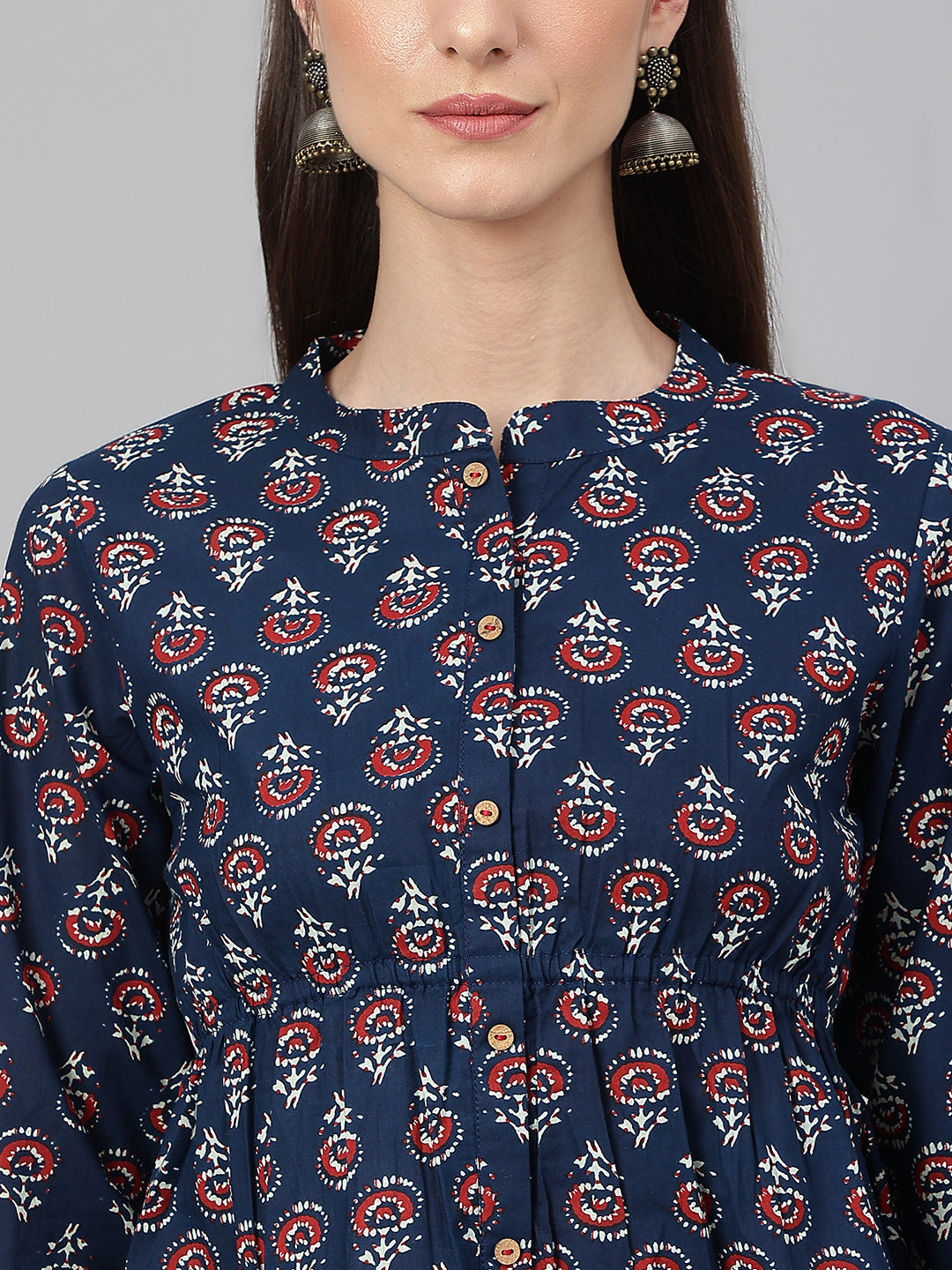 Janasya Women's Navy Blue Cotton Floral Print Peplum Top | Grocsy