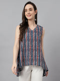 Janasya Women's Navy Blue Cotton Geometric Print High Low Top | Grocsy