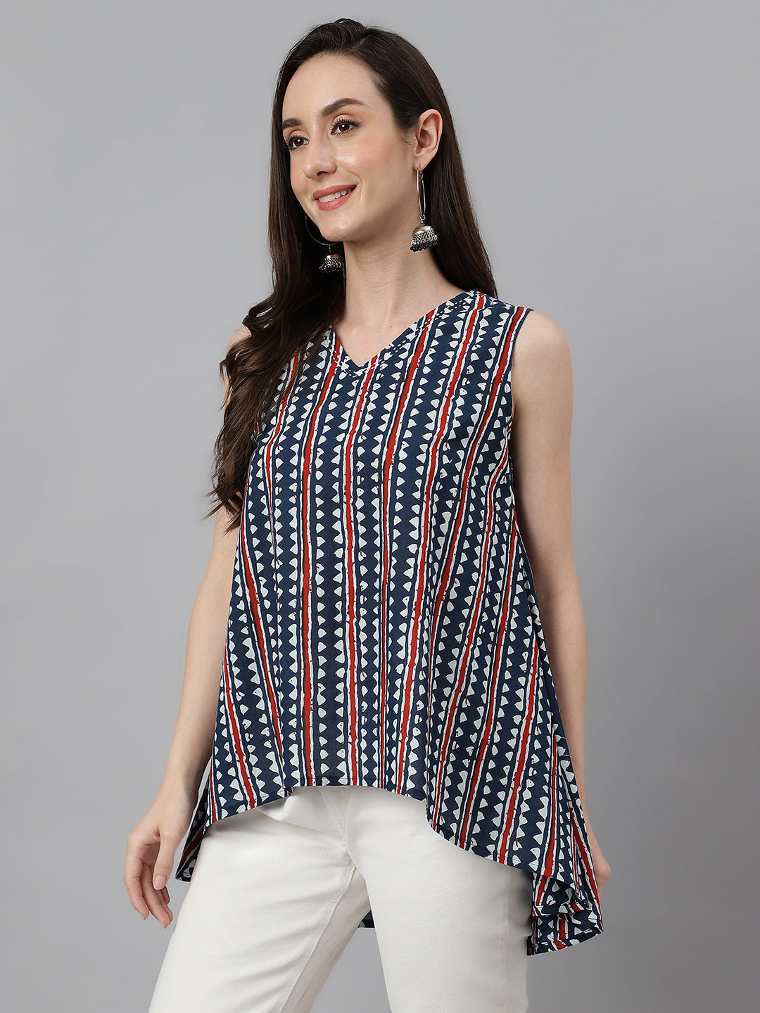Janasya Women's Navy Blue Cotton Geometric Print High Low Top | Grocsy