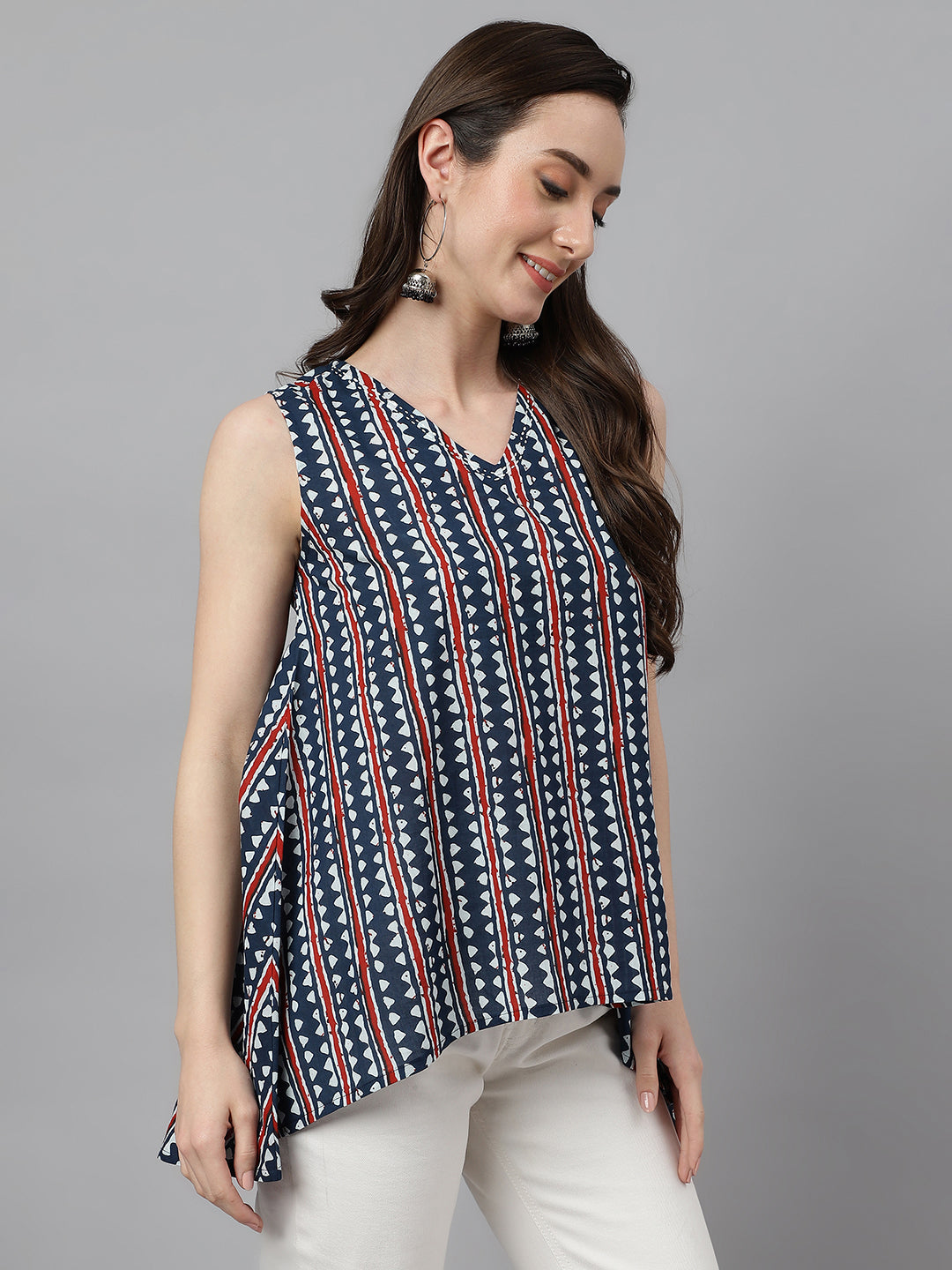 Janasya Women's Navy Blue Cotton Geometric Print High Low Top | Grocsy