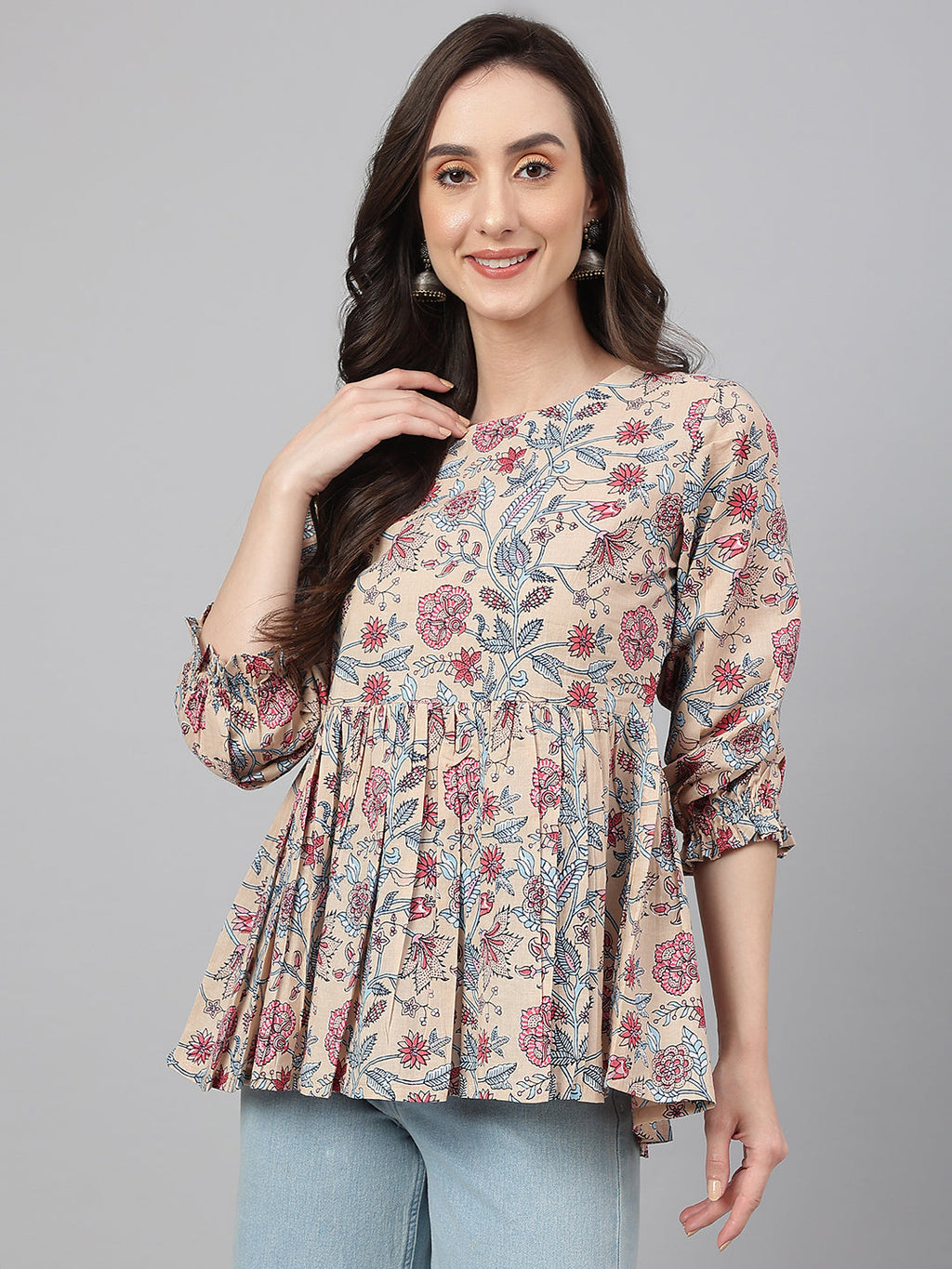 Janasya Women's Beige Cotton Floral Print Peplum Top | Grocsy