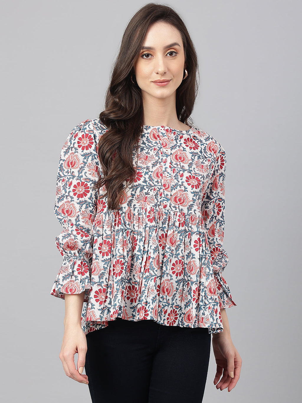 Janasya Women's White Cotton Floral Print Flared Top | Grocsy