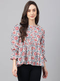 Janasya Women's White Cotton Floral Print Flared Top | Grocsy