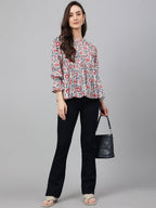 Janasya Women's White Cotton Floral Print Flared Top | Grocsy