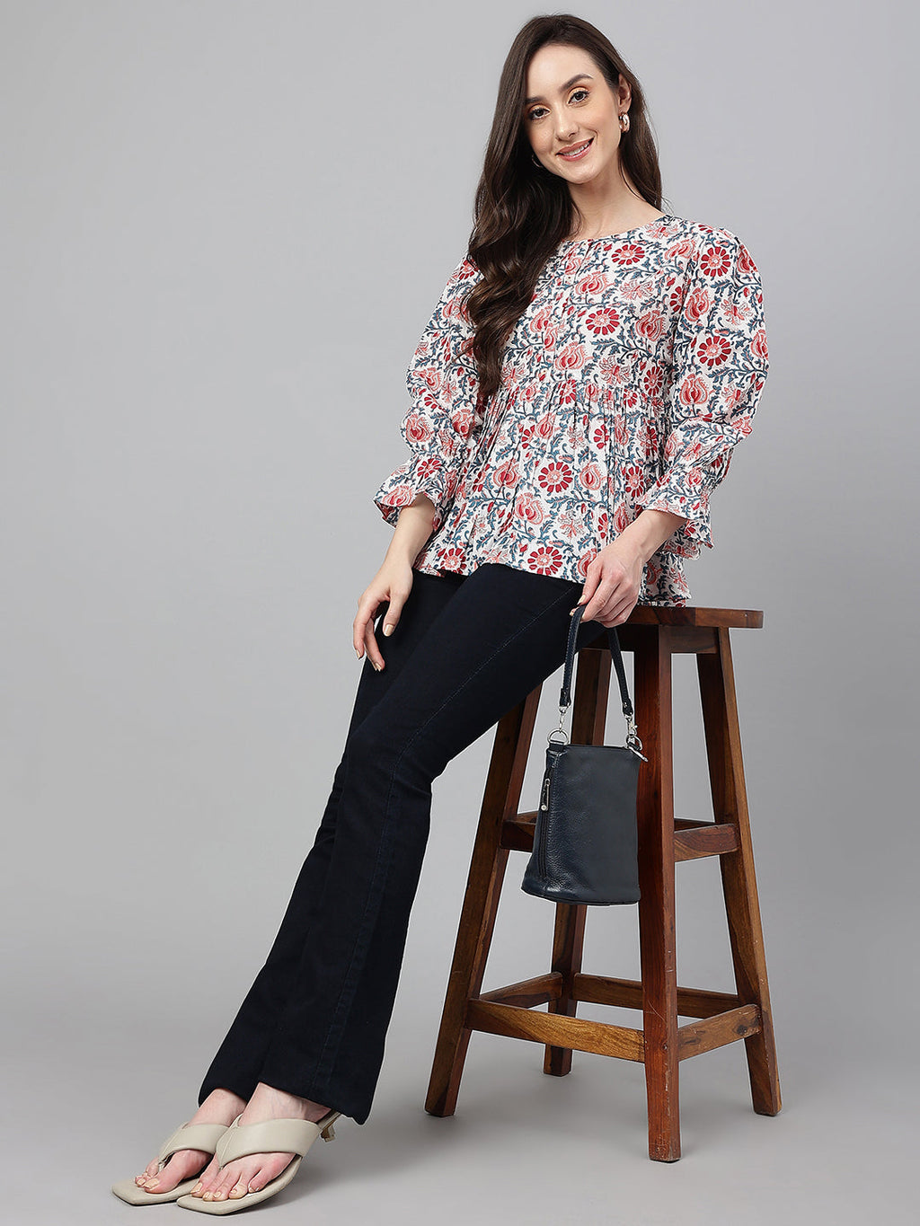 Janasya Women's White Cotton Floral Print Flared Top | Grocsy