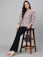 Janasya Women's White Cotton Floral Print Flared Top | Grocsy
