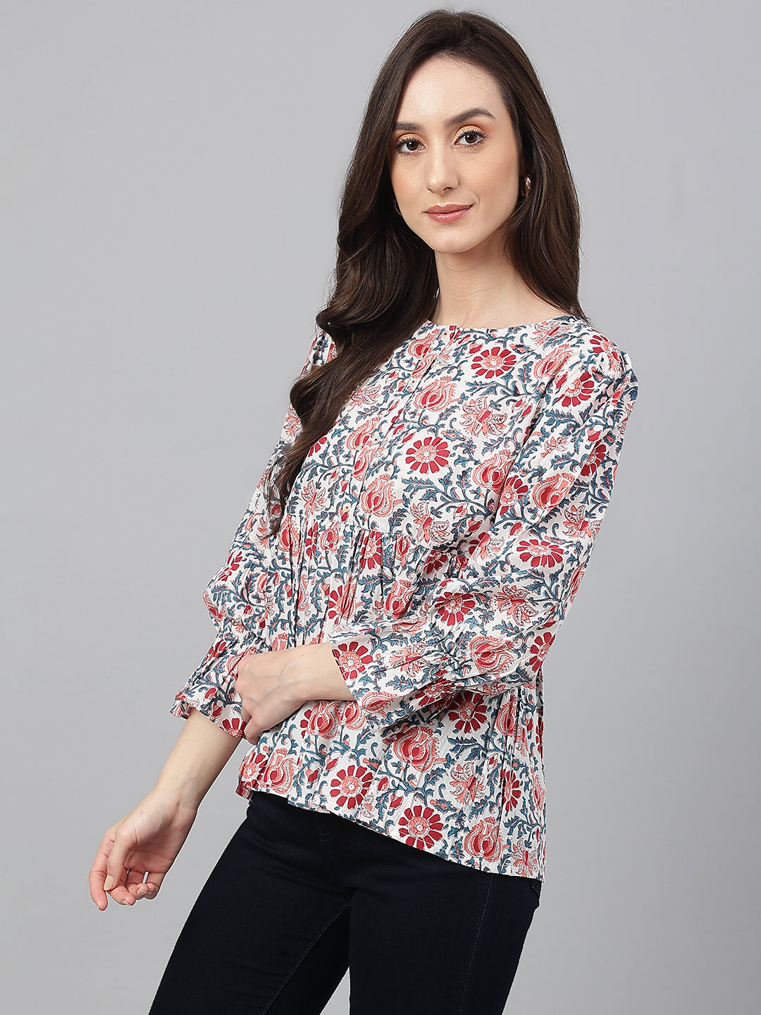 Janasya Women's White Cotton Floral Print Flared Top | Grocsy