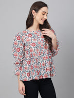 Janasya Women's White Cotton Floral Print Flared Top | Grocsy