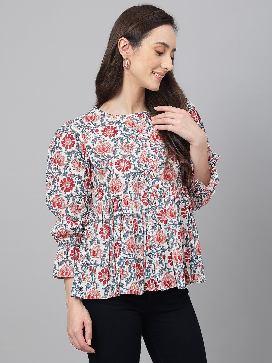 Janasya Women's White Cotton Floral Print Flared Top | Grocsy