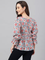 Janasya Women's White Cotton Floral Print Flared Top | Grocsy