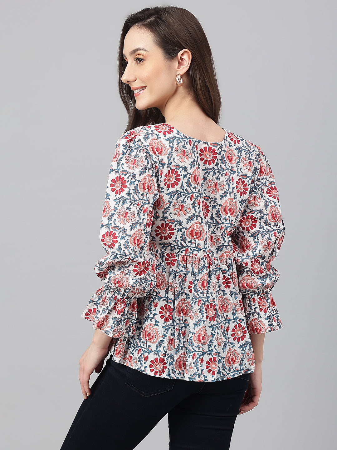 Janasya Women's White Cotton Floral Print Flared Top | Grocsy
