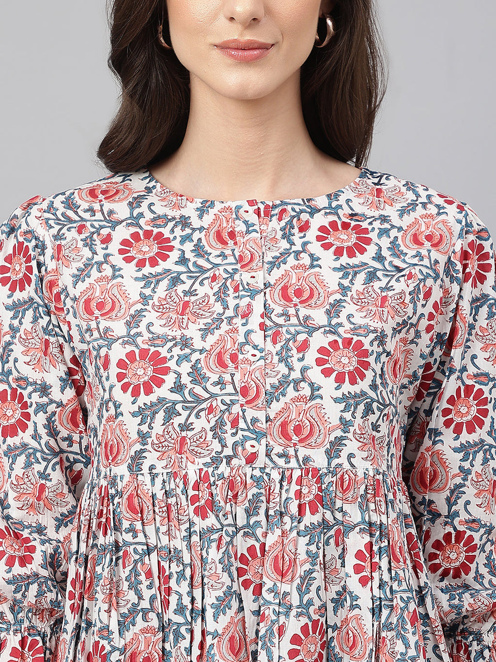 Janasya Women's White Cotton Floral Print Flared Top | Grocsy