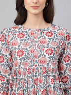 Janasya Women's White Cotton Floral Print Flared Top | Grocsy