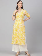 Janasya Women's Yellow Cambric Cotton Printed Casual Straight Kurta | Grocsy