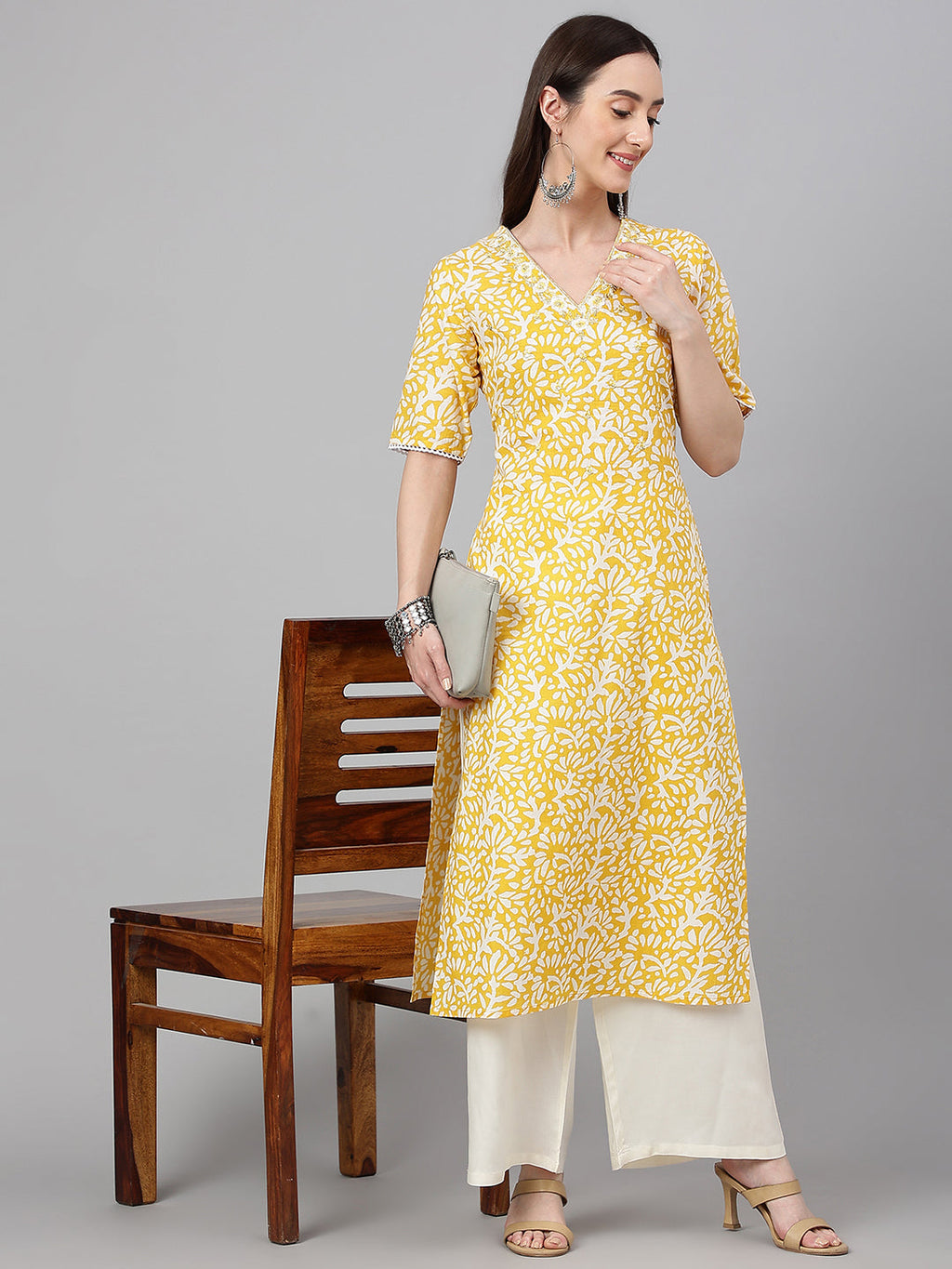 Janasya Women's Yellow Cambric Cotton Printed Casual Straight Kurta | Grocsy