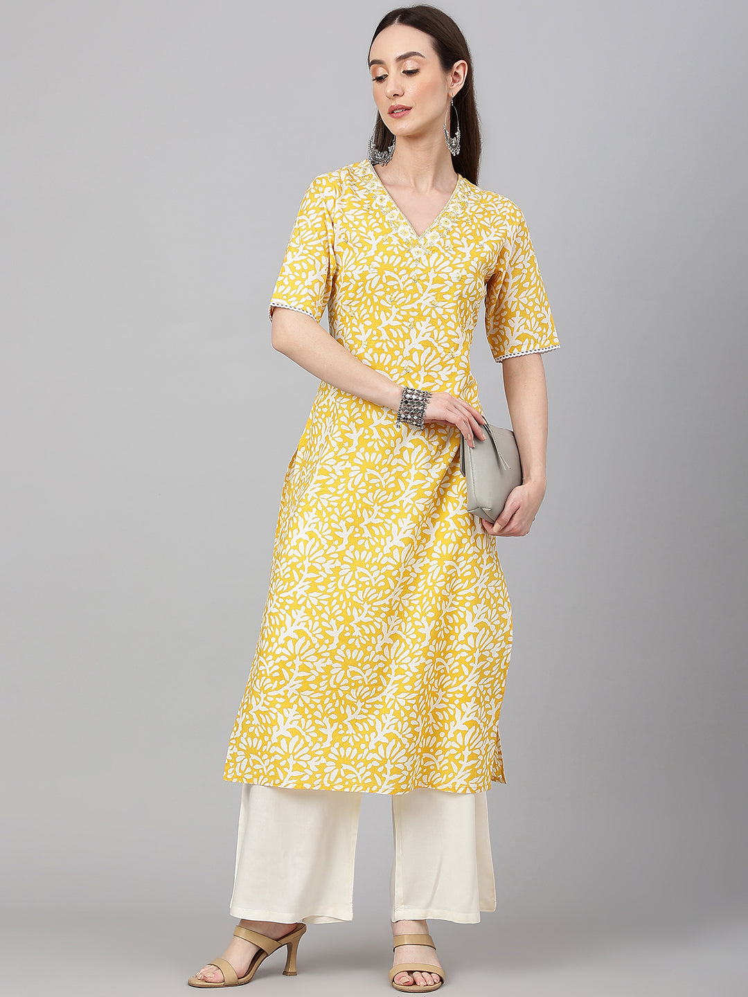 Janasya Women's Yellow Cambric Cotton Printed Casual Straight Kurta | Grocsy