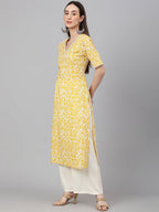 Janasya Women's Yellow Cambric Cotton Printed Casual Straight Kurta | Grocsy