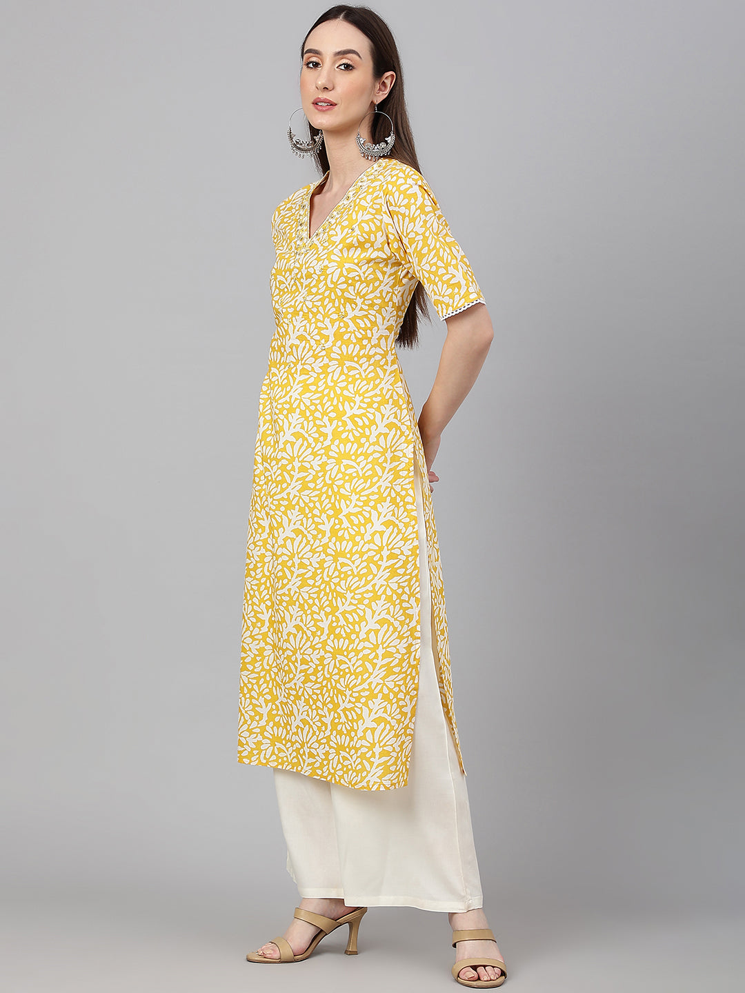 Janasya Women's Yellow Cambric Cotton Printed Casual Straight Kurta | Grocsy