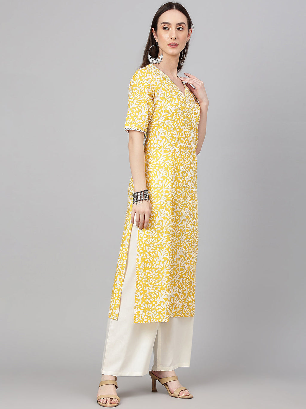 Janasya Women's Yellow Cambric Cotton Printed Casual Straight Kurta | Grocsy