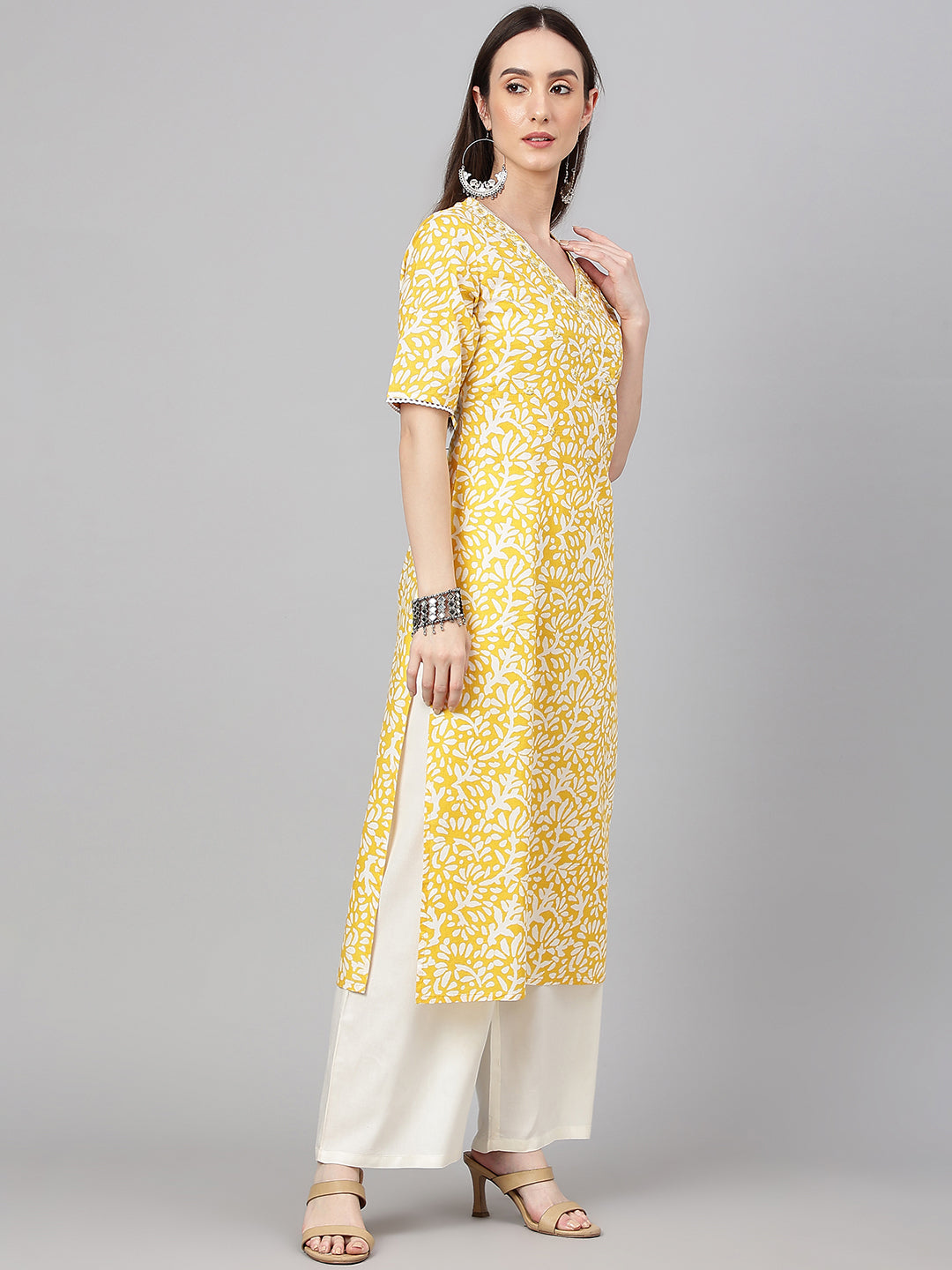 Janasya Women's Yellow Cambric Cotton Printed Casual Straight Kurta | Grocsy