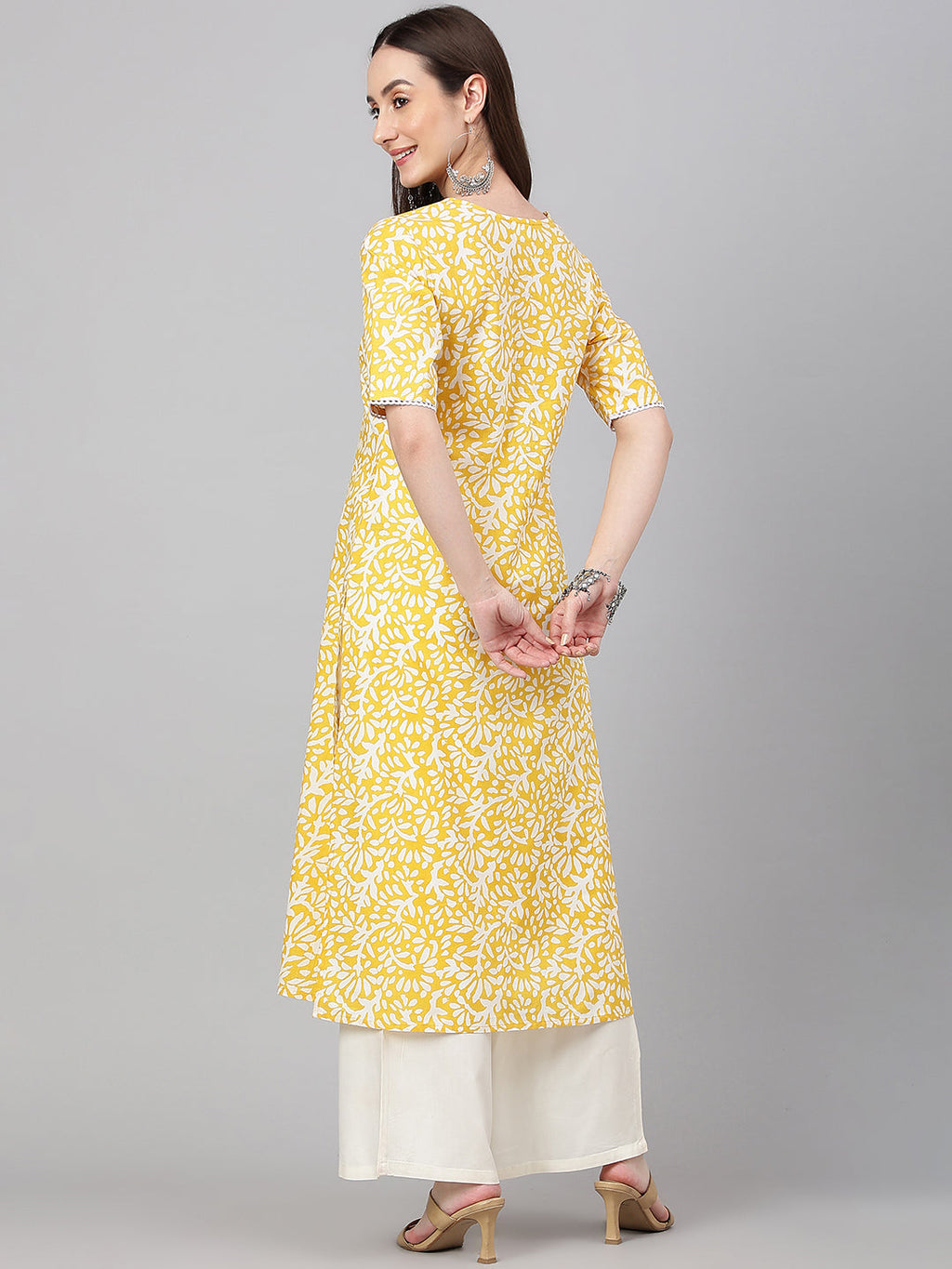Janasya Women's Yellow Cambric Cotton Printed Casual Straight Kurta | Grocsy