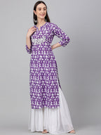Janasya Women's Purple Cotton Batik Printed Casual Straight Kurta | Grocsy
